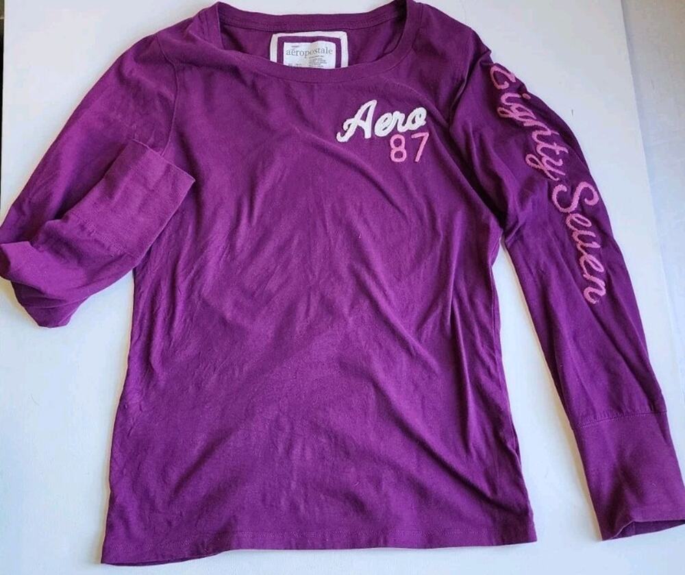 Aeropostale Womens XL Long Sleeve Shirt purple Aero 87 Patchwork Logo Y2K Retro